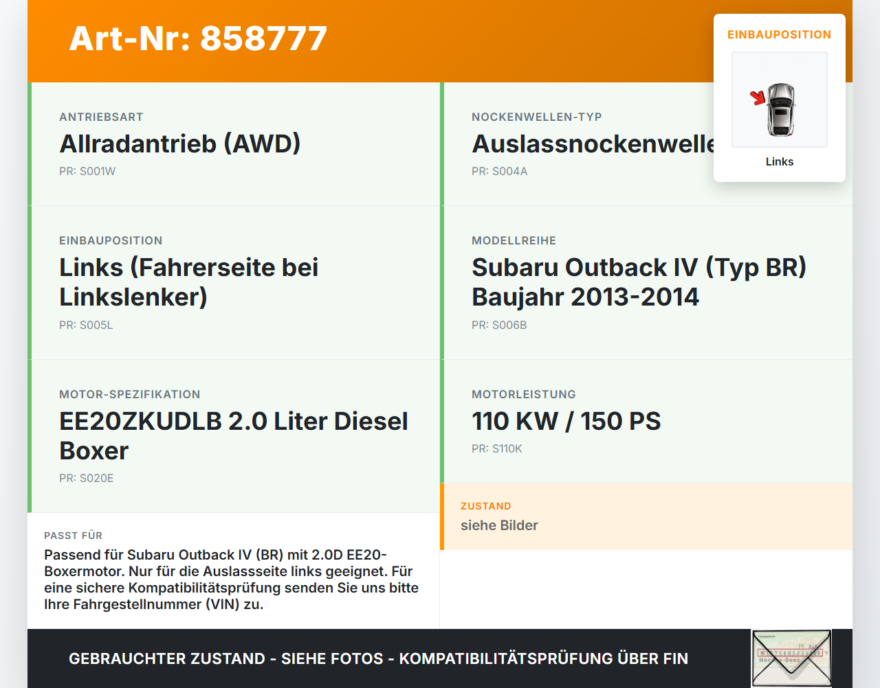 Subaru Outback 4 IV BR 13-14 2,0D 110KW EE20ZKUDLB Nockenwelle Auslass Links Subaru Outback 4 IV BR 13-14... Vorschau 3