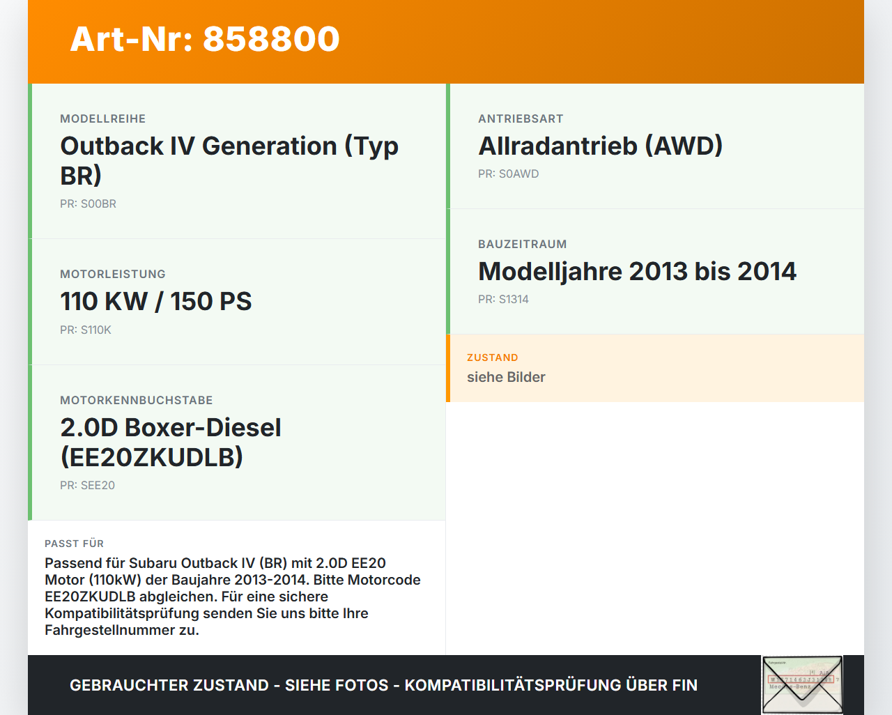 Subaru Outback 4 IV BR 13-14 2,0D 110KW EE20ZKUDLB Zahnrad Subaru Outback 4 IV BR 13-14 21.03.2014 gebraucht Vorschau 3