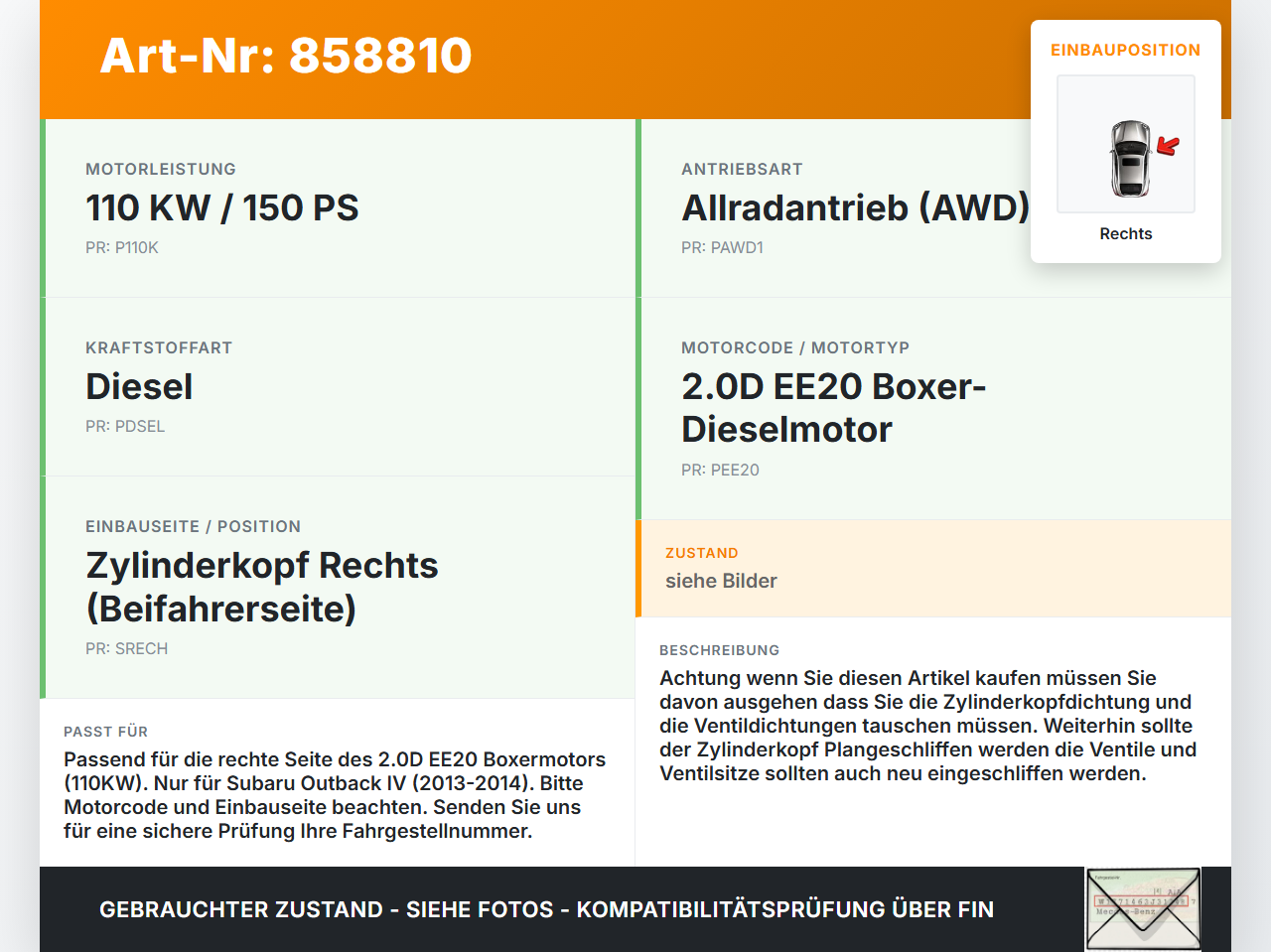 Subaru Outback 4 IV BR 13-14 2,0D 110KW EE20ZKUDLB Zylinderkopf Rechts Subaru Outback 4 IV BR 13-14 21.03.2014 gebraucht Vorschau 3