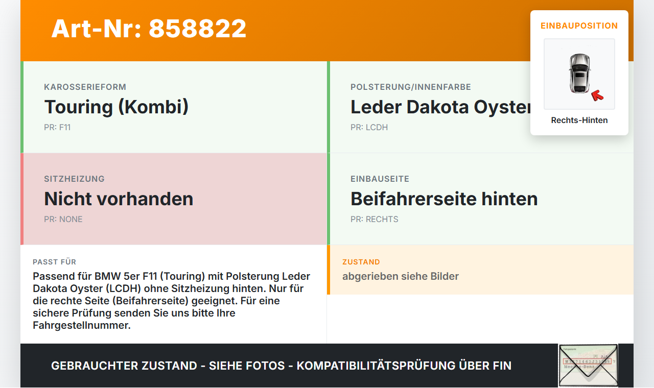 BMW F11 530d 10-13 Kombi Seitenpolster Rechts für Rücksitzbank Hinten Leder BMW F11 530d 10-13 19.11.2010 7269940... Vorschau 3