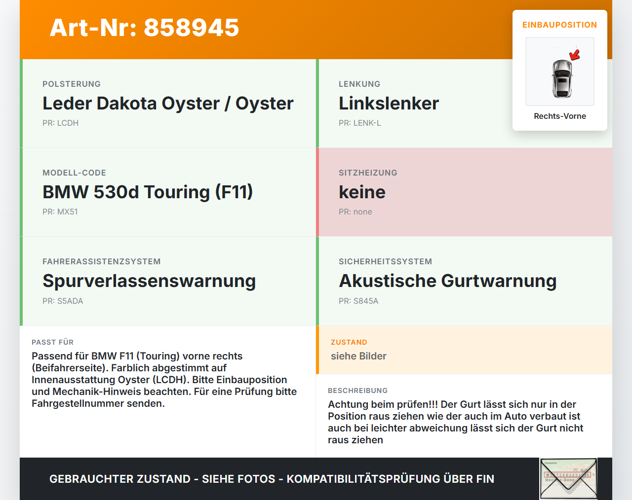 BMW F11 530d 10-13 Kombi Gurt Sicherheitsgurt Obergurt Rechts Vorne BMW F11 530d 10-13 19.11.2010 9164052... Vorschau 3