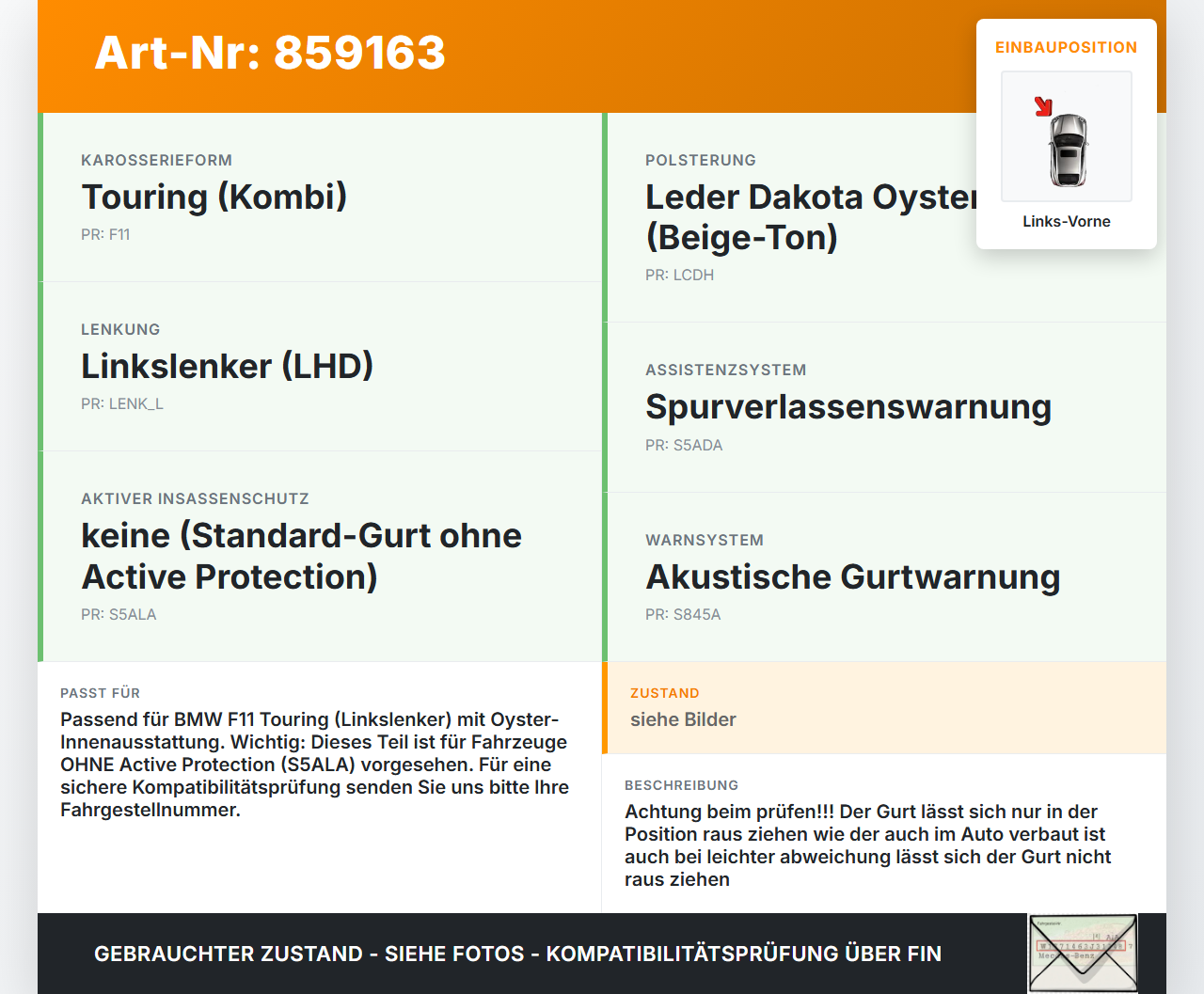 BMW F11 530d 10-13 Kombi Gurt Sicherheitsgurt Links Vorne BMW F11 530d 10-13 19.11.2010 9164481 610126300B gebraucht Vorschau 3