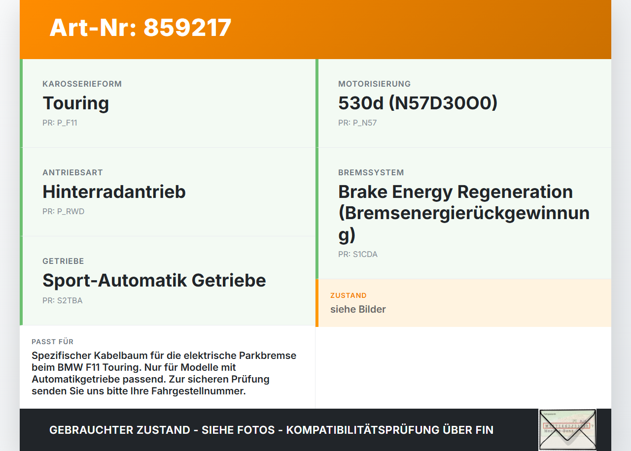 BMW F11 530d 10-13 Kabelbaum Parkbremse BMW F11 530d 10-13 19.11.2010 9247944 61129247944 9242219 513677B01 gebraucht Vorschau 3