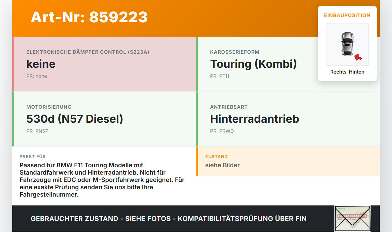 BMW F11 530d 10-13 Kombi Stossdämpfer Rechts Hinten BMW F11 530d 10-13 19.11.2010 33526797771 6797771... Vorschau 3