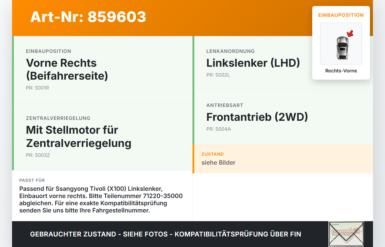 Ssangyong Tivoli 2WD 15-19 Türschloss m. ZV Stellmotor Rechts Vorne Ssangyong Tivoli 2WD 15-19 01.01.2017... Vorschau 3