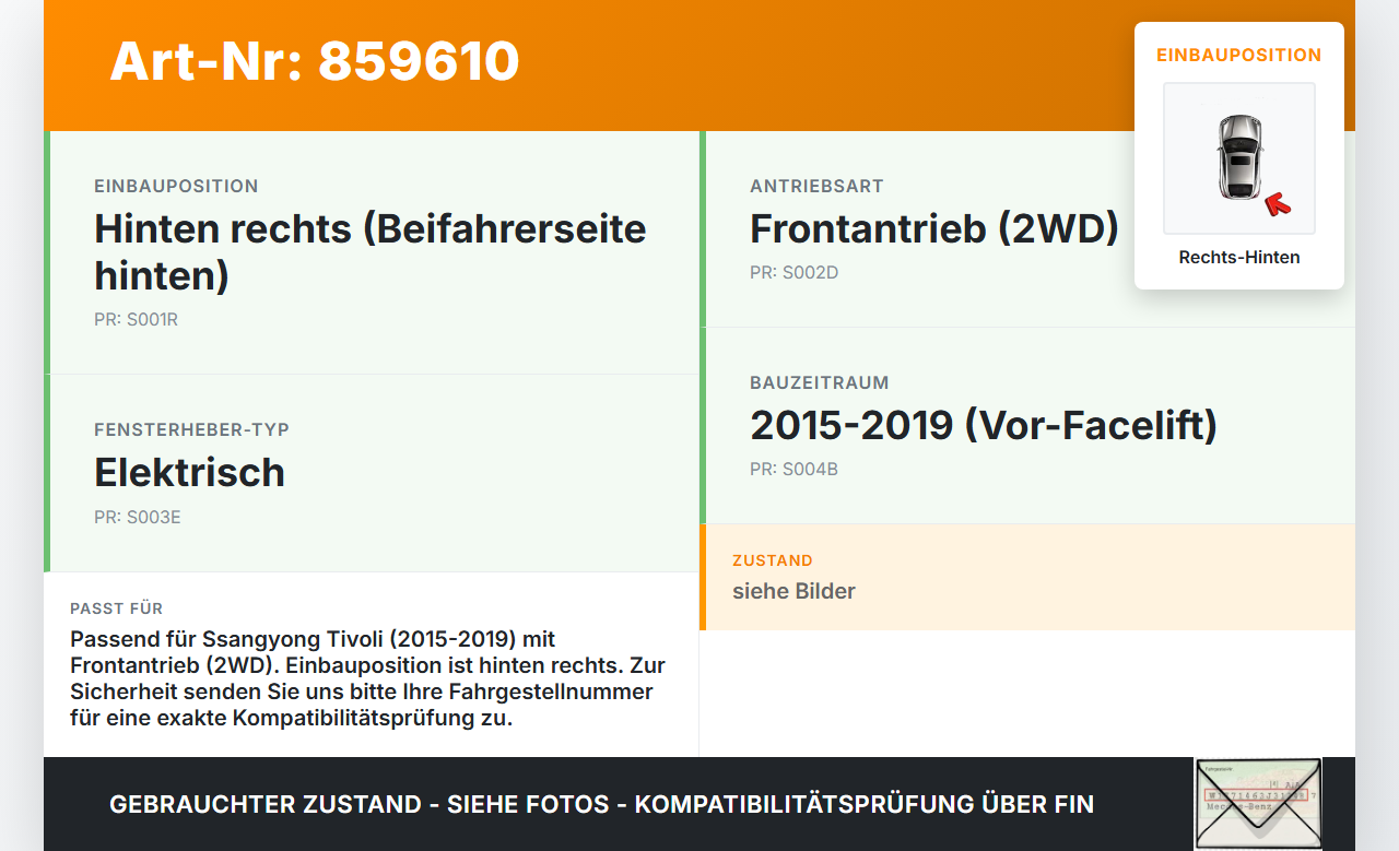 Ssangyong Tivoli 2WD 15-19 Fensterhebermotor mit Fensterheber Rechts Hinten Ssangyong Tivoli 2WD 15-19 01.01.2017... Vorschau 3
