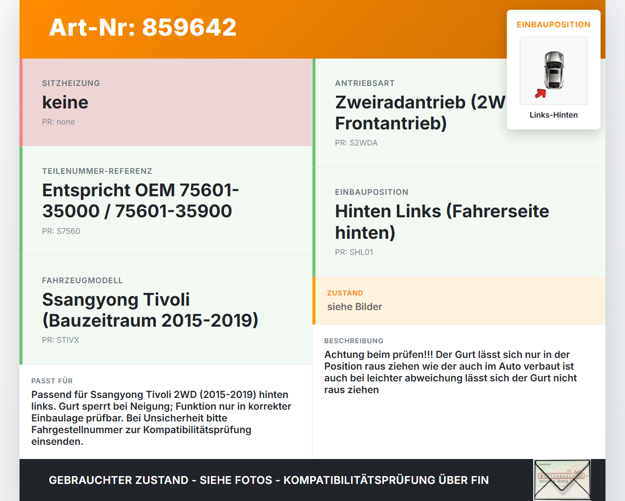 Ssangyong Tivoli 2WD 15-19 Gurt Sicherheitsgurt Links Hinten Ssangyong Tivoli 2WD 15-19 01.01.2017 75601-35000... Vorschau 3