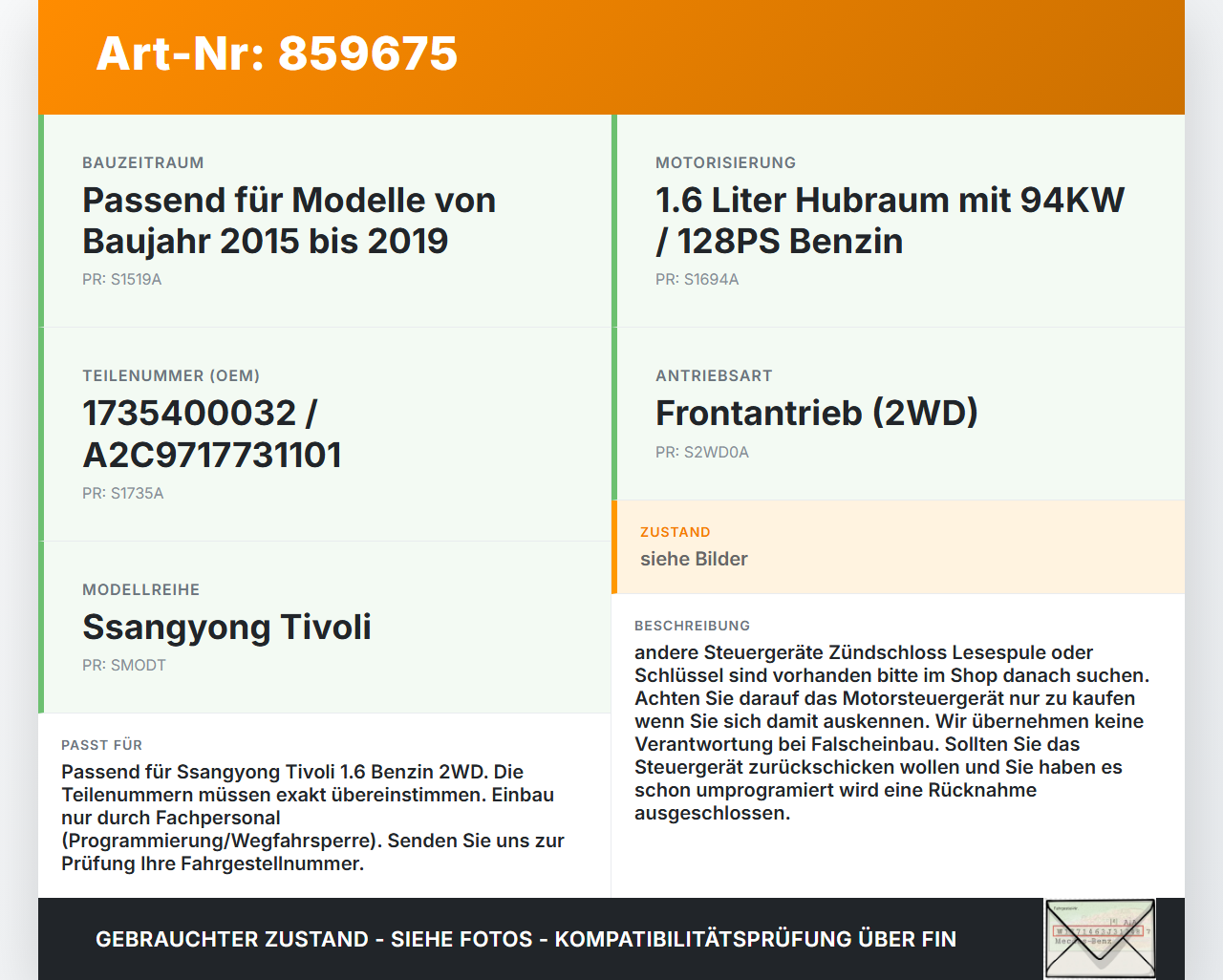 Ssangyong Tivoli 2WD 15-19 1,6 94KW Steuergerät ECU für Motor Motorsteuergerät Ssangyong Tivoli 2WD 15-19... Vorschau 3