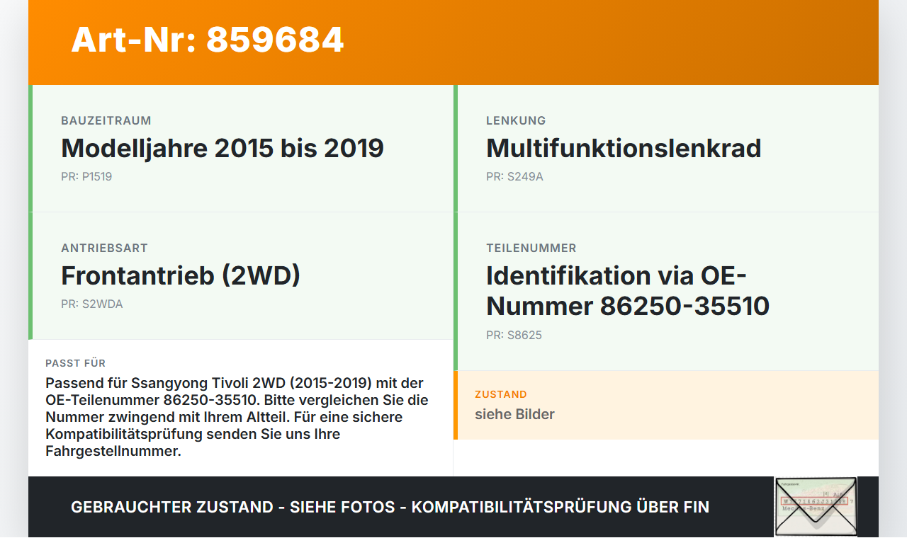 Ssangyong Tivoli 2WD 15-19 Airbag Steuergerät Airbagsteuergerät Ssangyong Tivoli 2WD 15-19 01.01.2017 86250-35510... Vorschau 3
