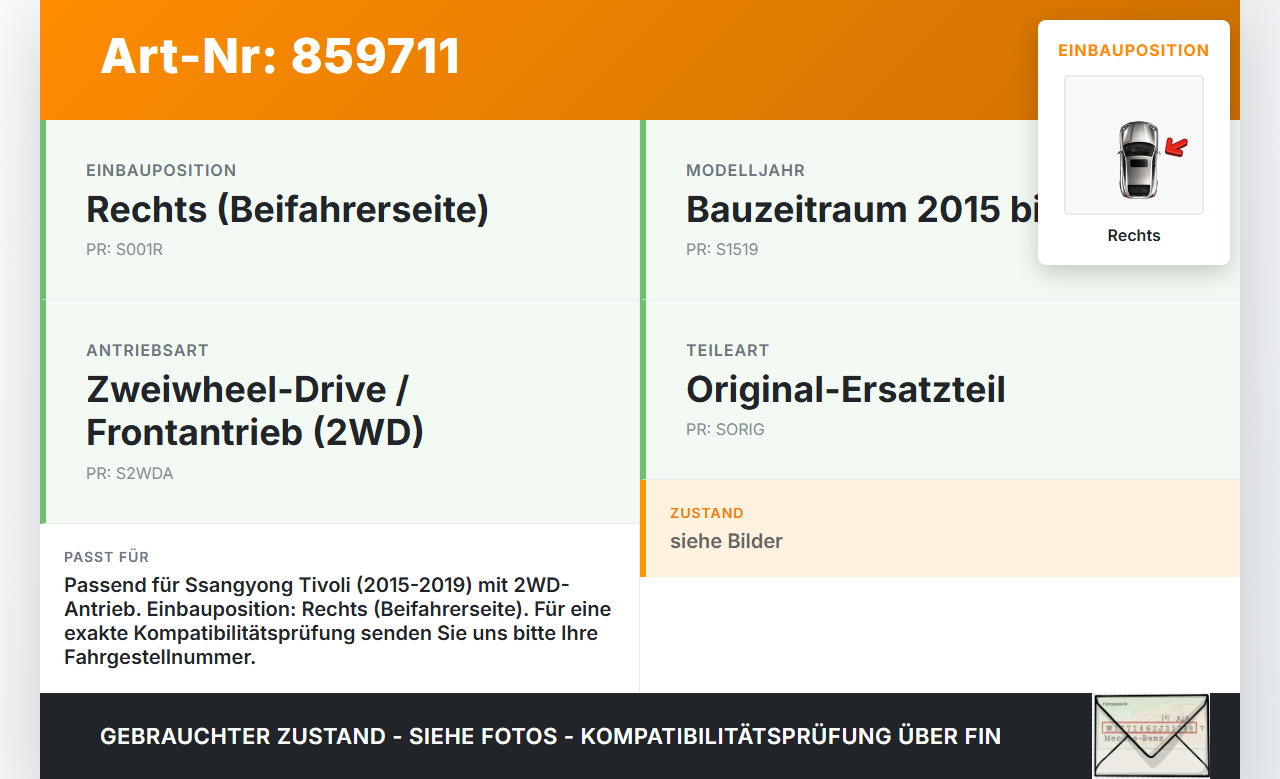 Ssangyong Tivoli 2WD 15-19 Blinker Blinkleuchte Rechts orig. Ssangyong Tivoli 2WD 15-19 01.01.2017 gebraucht Vorschau 3