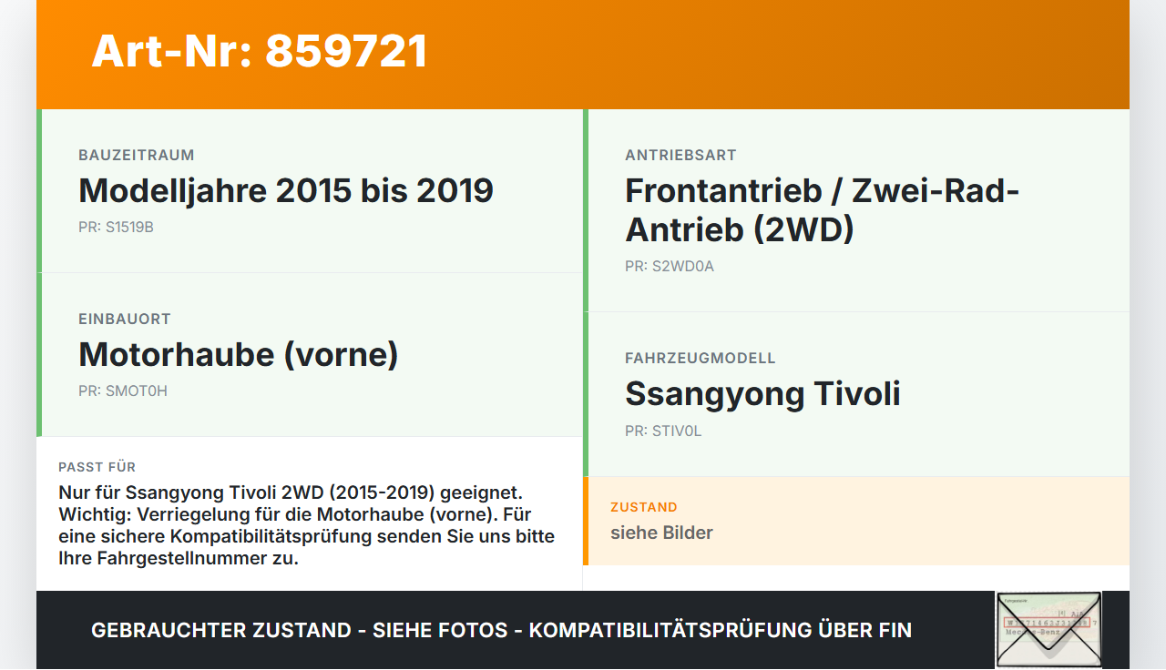 Ssangyong Tivoli 2WD 15-19 Schloss f. Motorhaube Haubenschloss Verriegelung Ssangyong Tivoli 2WD 15-19 01.01.2017... Vorschau 3