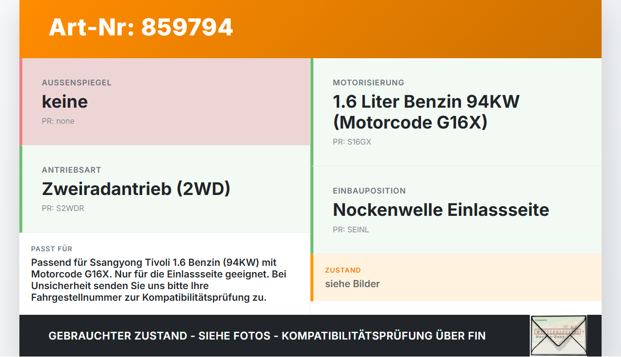 Ssangyong Tivoli 2WD 15-19 1,6 94KW G16X Nockenwellenverstellung Verstellung für Nockenwelle Einlass Ssangyong... Vorschau 3