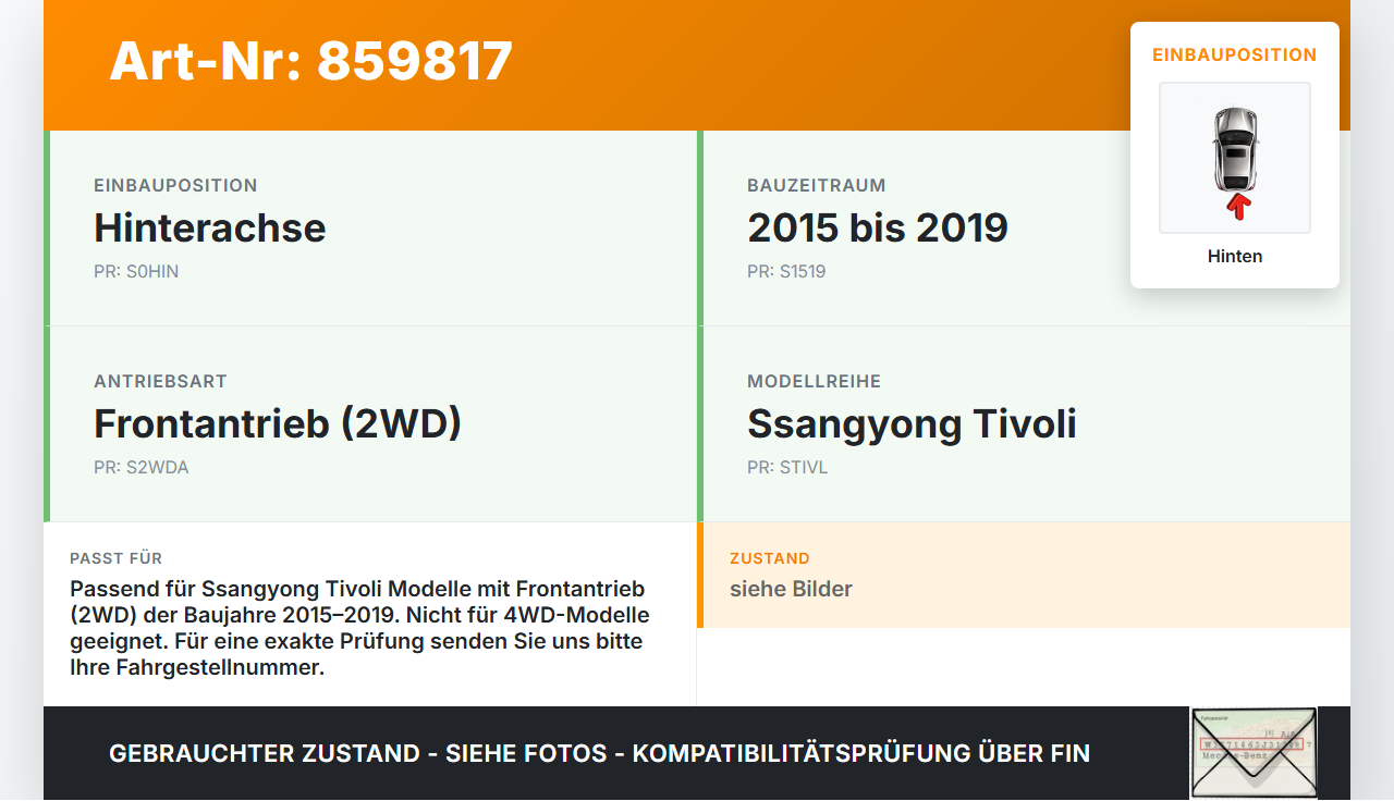 Ssangyong Tivoli 2WD 15-19 Beide Feder Federn Hinten Ssangyong Tivoli 2WD 15-19 01.01.2017 gebraucht Vorschau 3
