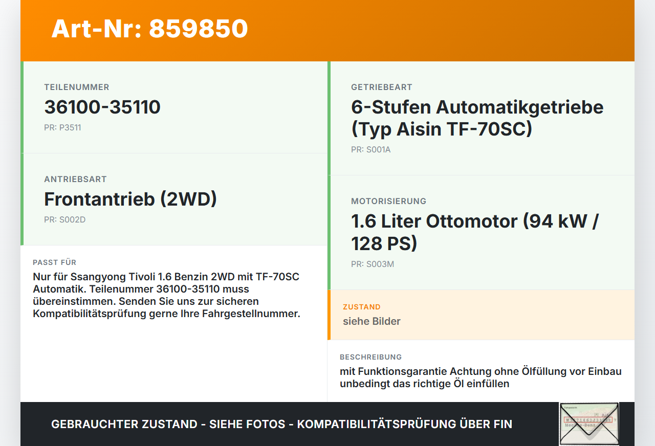 Ssangyong Tivoli 2WD 15-19 1,6 94KW Automatikgetriebe Getriebe ohne Wandler TF-70SC Ssangyong Tivoli 2WD 15-19... Vorschau 3