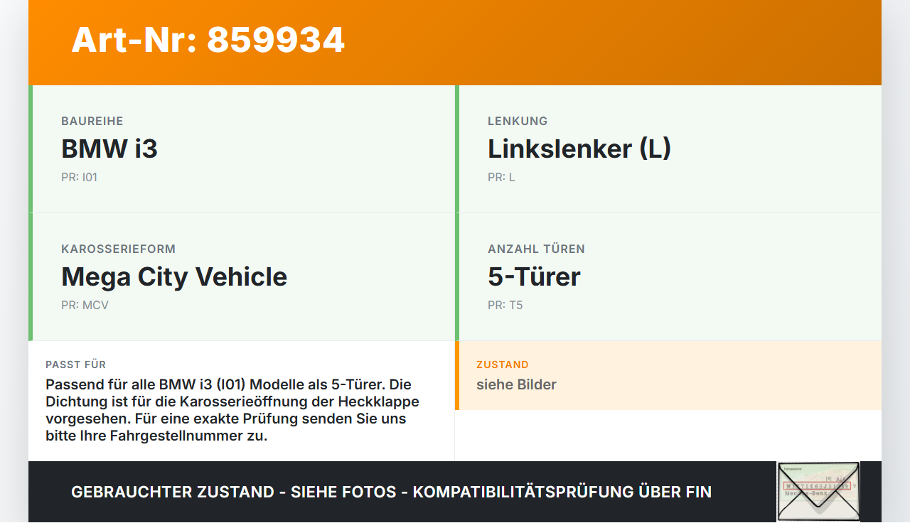 BMW I3 I01 13-17 Dichtung für Heckklappe Kofferraum Heckklappendichtung BMW I3 I01 13-17 27.02.2015 7439016... Vorschau 3