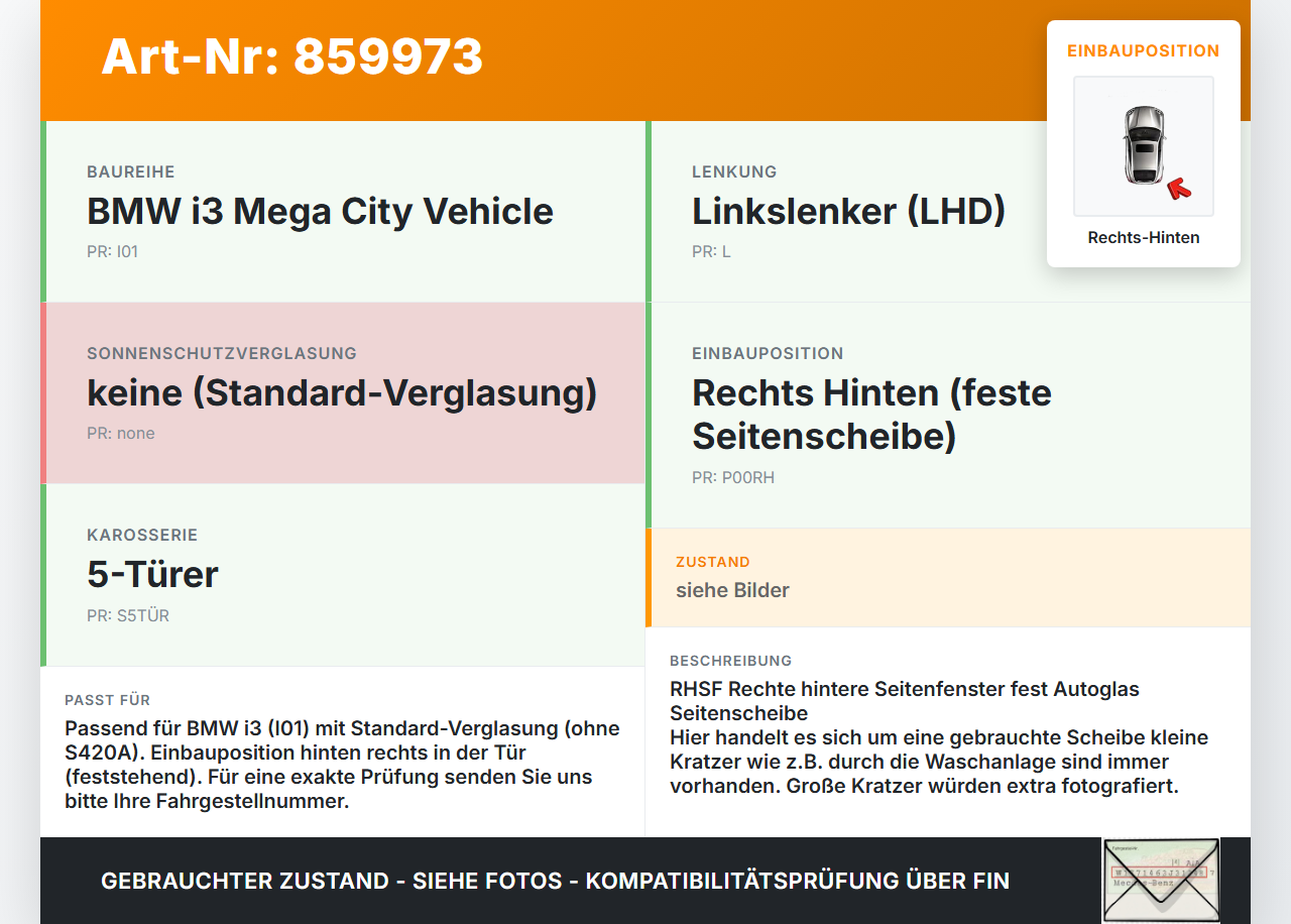 BMW I3 I01 13-17 Seitenscheibe Feste Scheibe für Tür Rechts Hinten BMW I3 I01 13-17 27.02.2015 51357288186 7288186... Vorschau 3