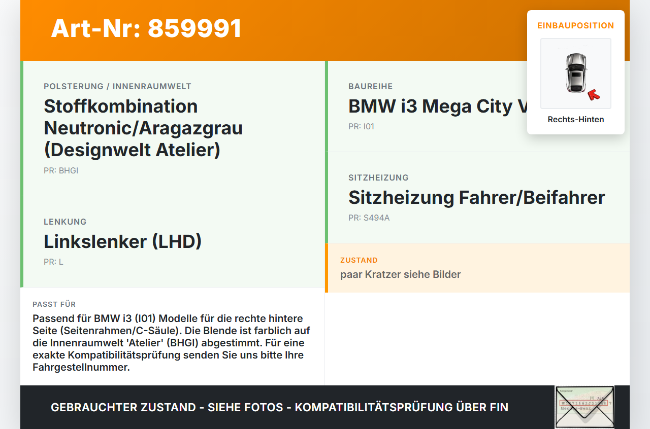 BMW I3 I01 13-17 Blende Seitenblende Abdeckung Rechts Hinten BMW I3 I01 13-17 27.02.2015 7305134 51447305134... Vorschau 3