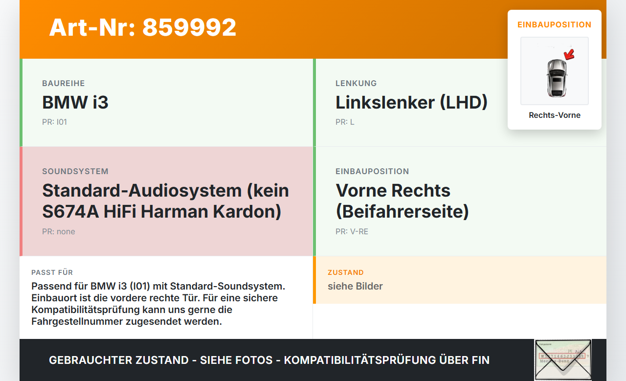 BMW I3 I01 13-17 Lautsprecher Rechts Vorne BMW I3 I01 13-17 27.02.2015 9290854 65139290854 9274700-01 gebraucht Vorschau 3