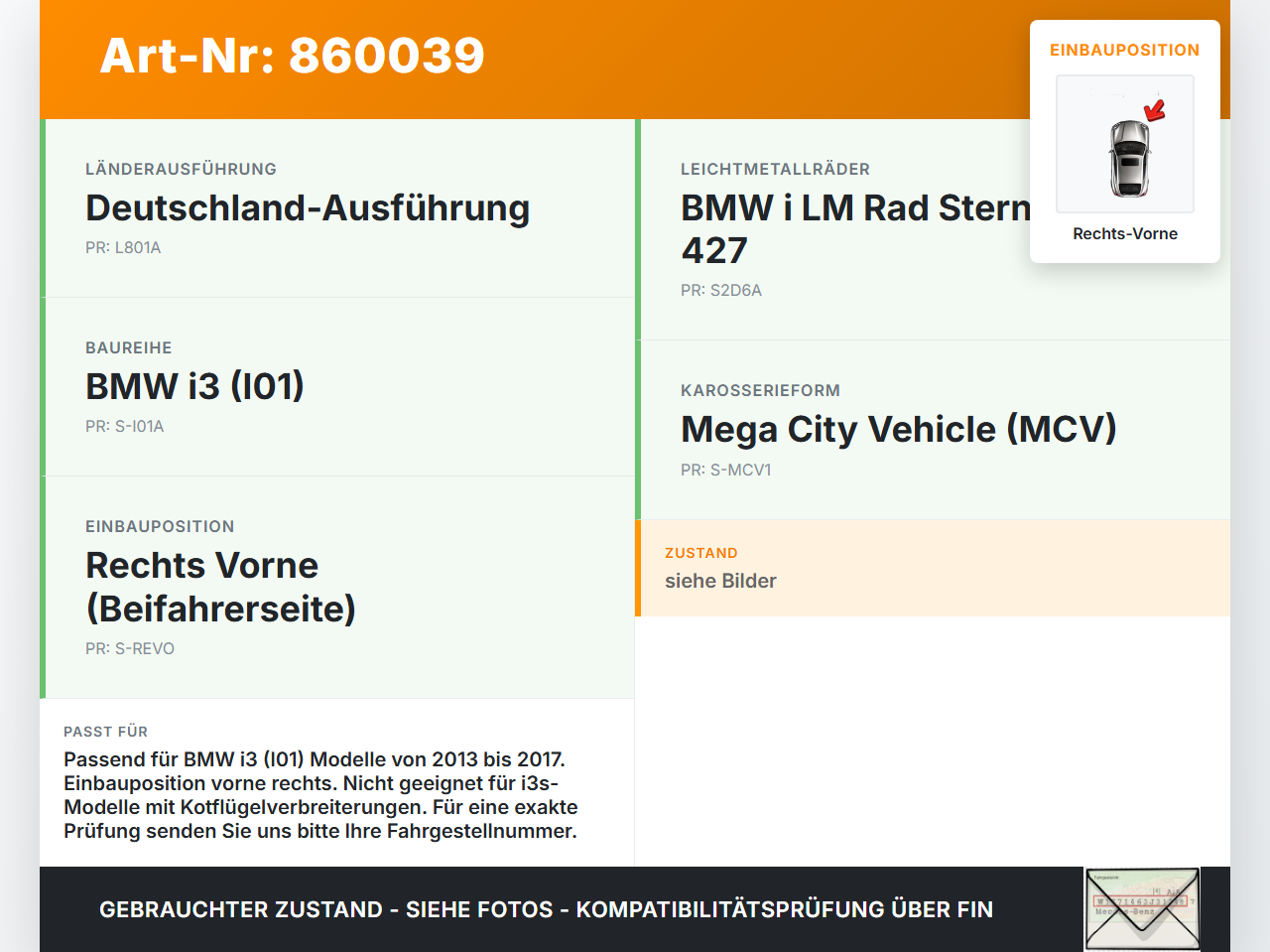 BMW I3 I01 13-17 Verkleidung Radhausschale Rechts Vorne für Kotflügel BMW I3 I01 13-17 27.02.2015 7368600... Vorschau 3