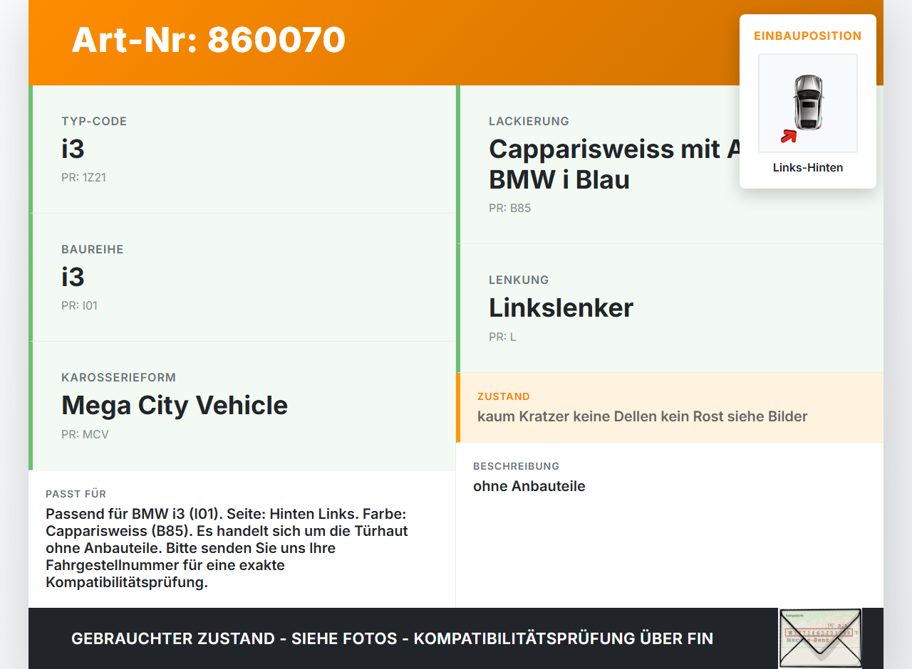 BMW I3 I01 13-17 Tür Links Hinten B85 BMW I3 I01 13-17 27.02.2015 5100-7369331 7369331 gebraucht Vorschau 3