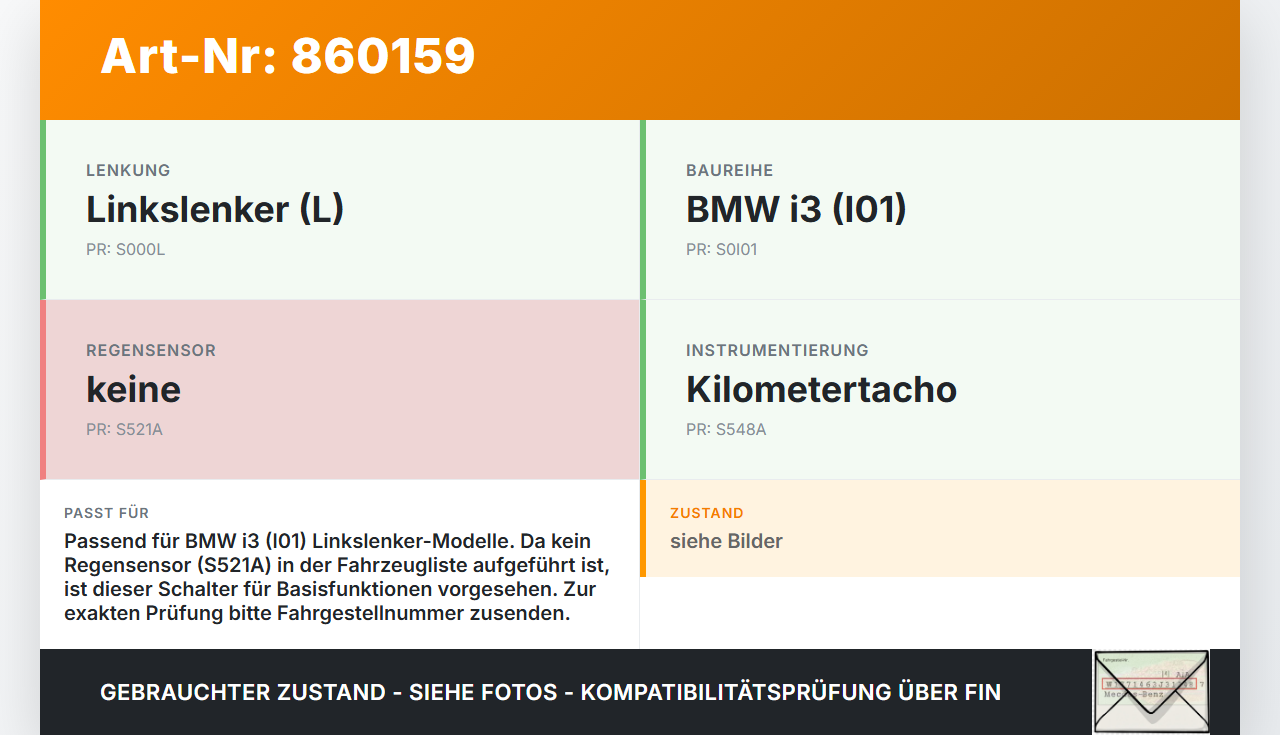 BMW I3 I01 13-17 Lenkstockschalter Wischerschalter Wischer BMW I3 I01 13-17 27.02.2015 141028-0170 gebraucht Vorschau 3