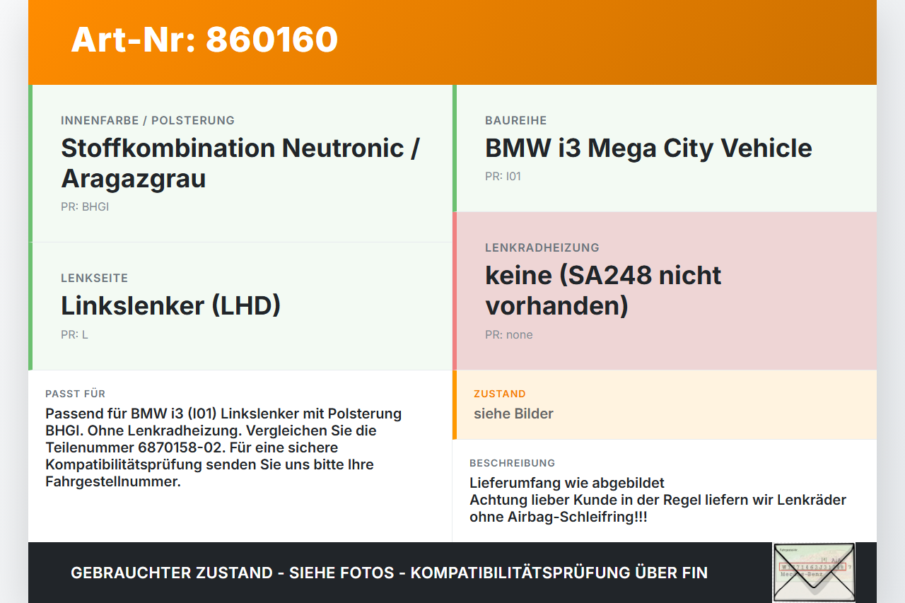 BMW I3 I01 13-17 Lenkrad Airbaglenkrad BMW I3 I01 13-17 27.02.2015 6870158-02 1032456V41E 0589-P1-000512... Vorschau 3