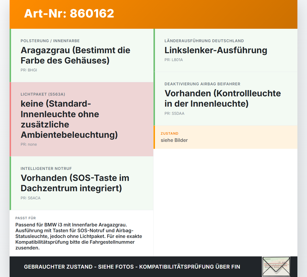 BMW I3 I01 13-17 Innenleuchte Innenraumleuchte BMW I3 I01 13-17 27.02.2015 9219497 63319219497 E3219500 gebraucht Vorschau 3