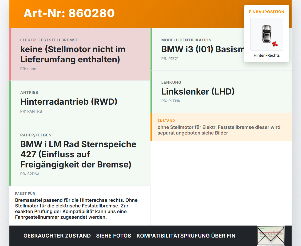 BMW I3 I01 13-17 Elektro  125KW Bremssattel Bremszange Hinten Rechts BMW I3 I01 13-17 27.02.2015 3420-6883025... Vorschau 3
