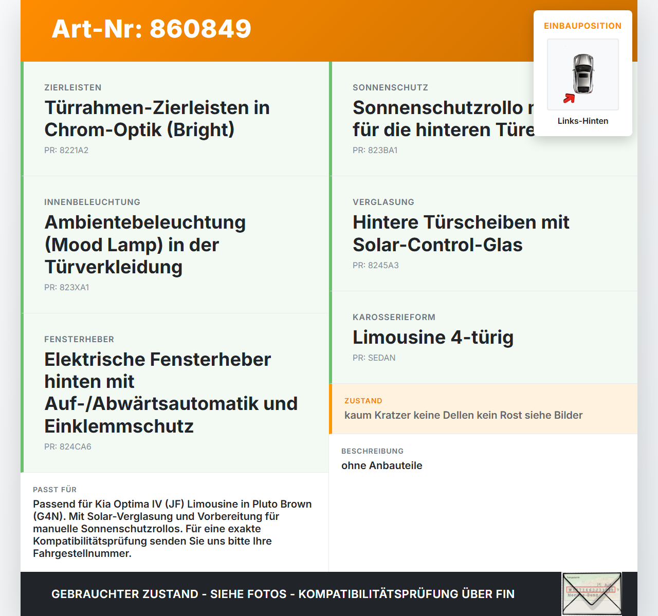 Kia Optima IV JF 15-18 Lim Tür Links Hinten G4N Kia Optima IV JF 15-18 18.11.2016 77003D4010 gebraucht Vorschau 3