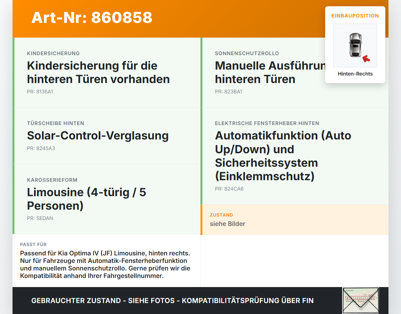 Kia Optima IV JF 15-18 Lim Fensterheber o. FH-Motor Hinten Rechts Kia Optima IV JF 15-18 18.11.2016 83480-D4000... Vorschau 3