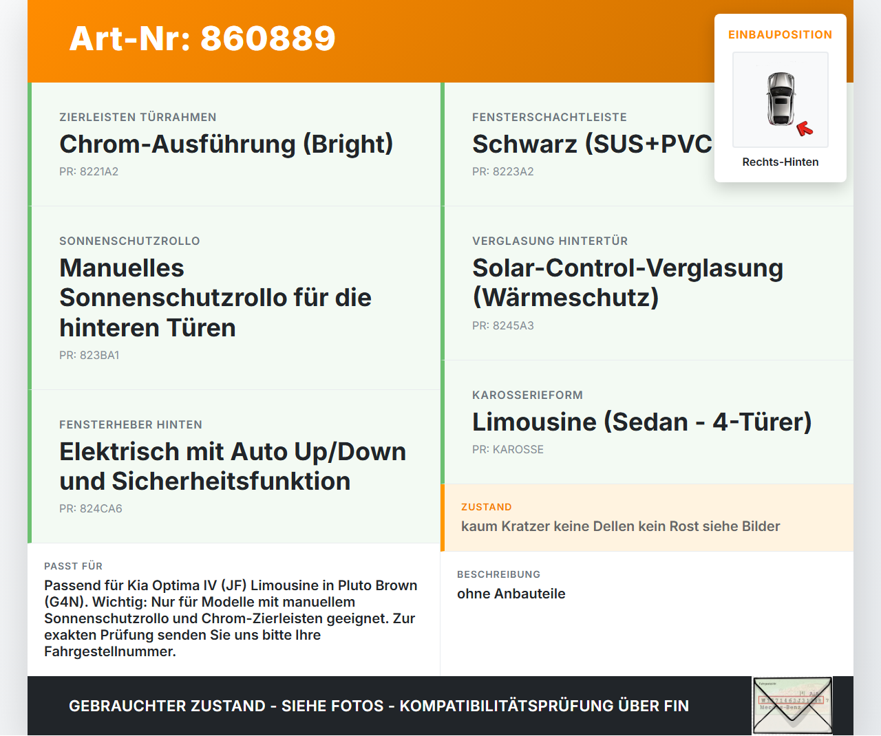 Kia Optima IV JF 15-18 Lim Tür Rechts Hinten G4N Kia Optima IV JF 15-18 18.11.2016 77004D-4010 gebraucht Vorschau 3