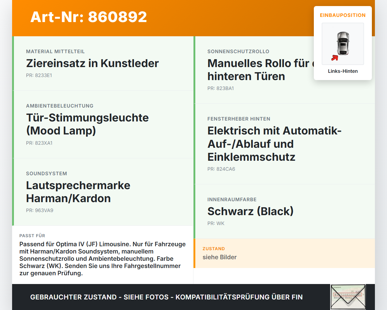 Kia Optima IV JF 15-18 Lim Türverkleidung Türpappe Links Hinten Kia Optima IV JF 15-18 18.11.2016 gebraucht Vorschau 3