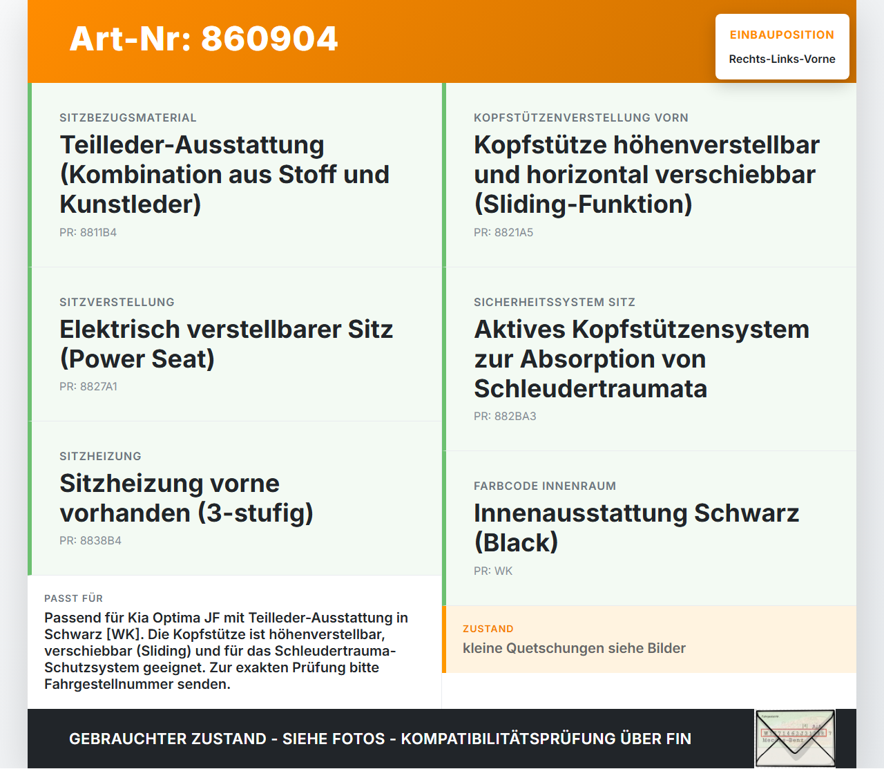 Kia Optima IV JF 15-18 Kopfstütze für Fahrer Sitz Rechts oder Links Vorne Kia Optima IV JF 15-18 18.11.2016 gebraucht Vorschau 3