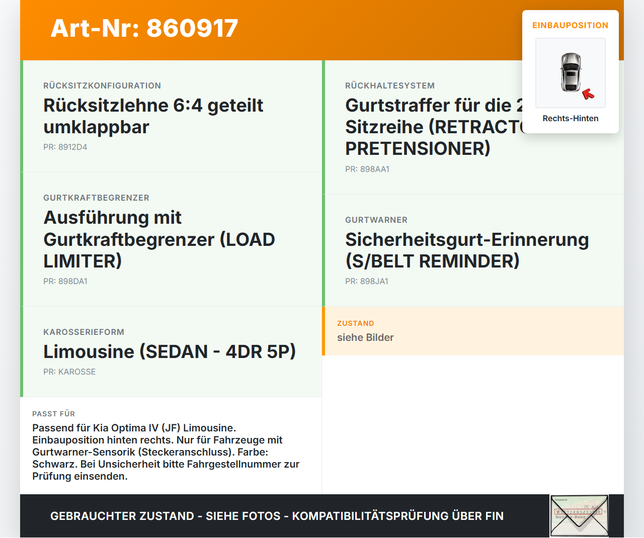 Kia Optima IV JF 15-18 Lim Gurtschloss Rechts Hinten Kia Optima IV JF 15-18 18.11.2016 gebraucht Vorschau 3