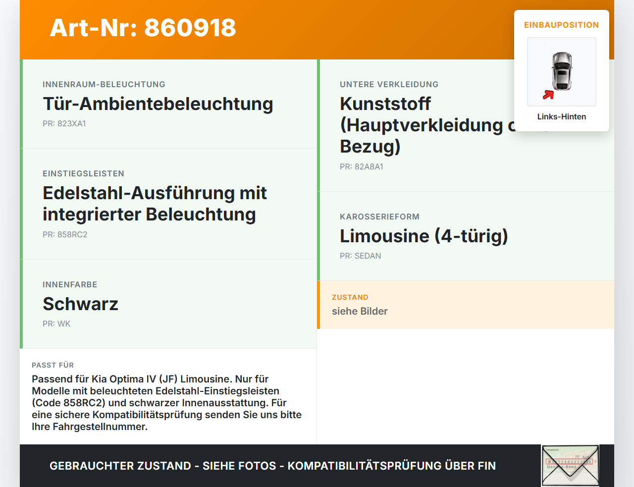 Kia Optima IV JF 15-18 Lim Einstiegsleiste Links Hinten Kia Optima IV JF 15-18 18.11.2016 gebraucht Vorschau 3