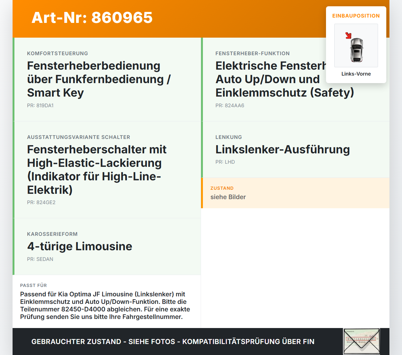 Kia Optima IV JF 15-18 Lim Fensterhebermotor Links Vorne Kia Optima IV JF 15-18 18.11.2016 82450D4000 82450-D4000... Vorschau 3