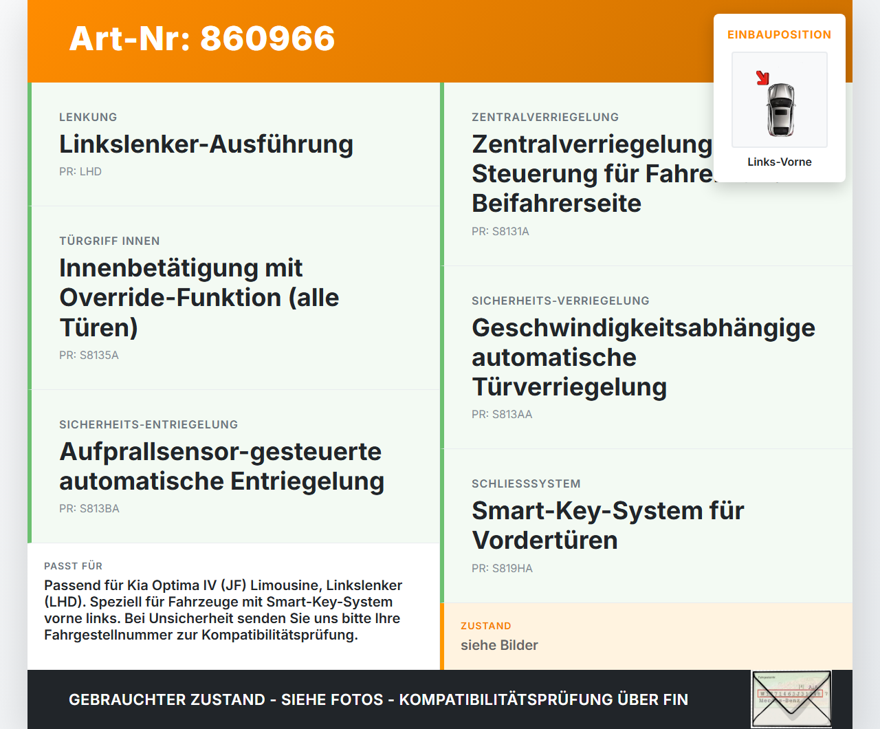 Kia Optima IV JF 15-18 Lim Türschloss mit ZV Stellmotor Links Vorne Kia Optima IV JF 15-18 18.11.2016 81310D4060... Vorschau 3