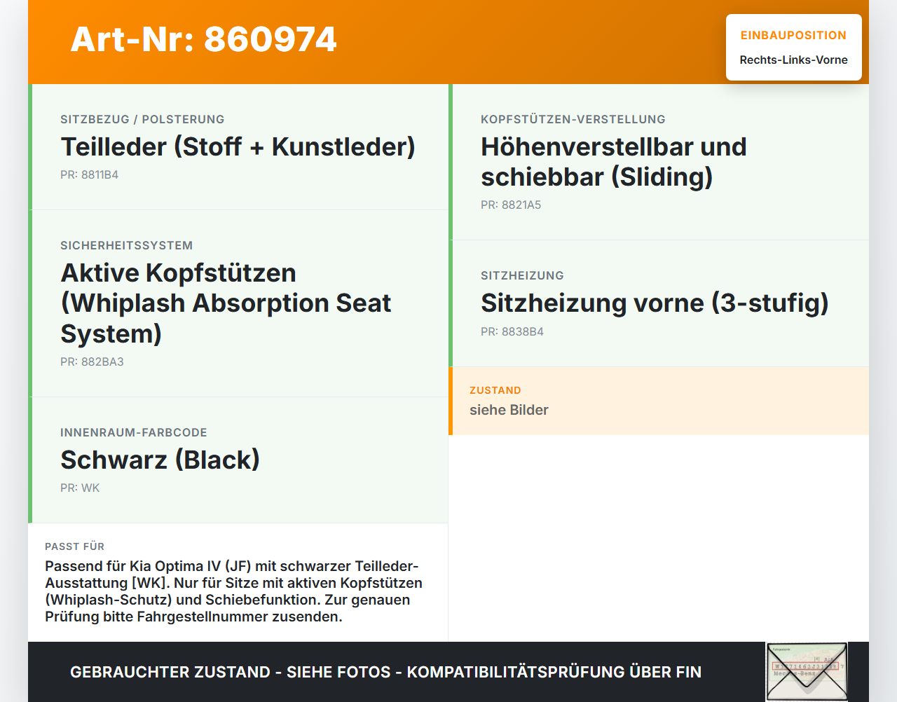 Kia Optima IV JF 15-18 Lim Kopfstütze für Beifahrer Sitz Rechts oder Links Vorne Kia Optima IV JF 15-18 18.11.2016... Vorschau 3