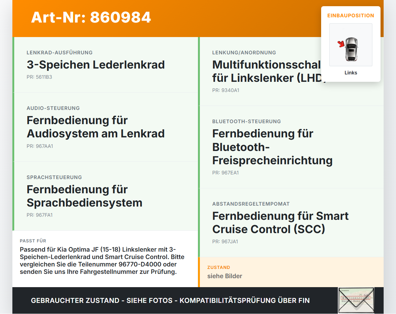 Kia Optima IV JF 15-18 Lenkradschalter Multifunktionstasten Schalter für Lenkrad Links Kia Optima IV JF 15-18... Vorschau 3