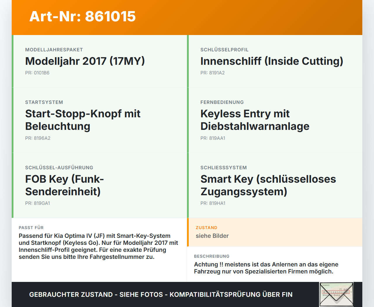 Kia Optima IV JF 15-18 Lim ZV Schlüssel Funkschlüssel Kia Optima IV JF 15-18 18.11.2016 95440D-4100 gebraucht Vorschau 3