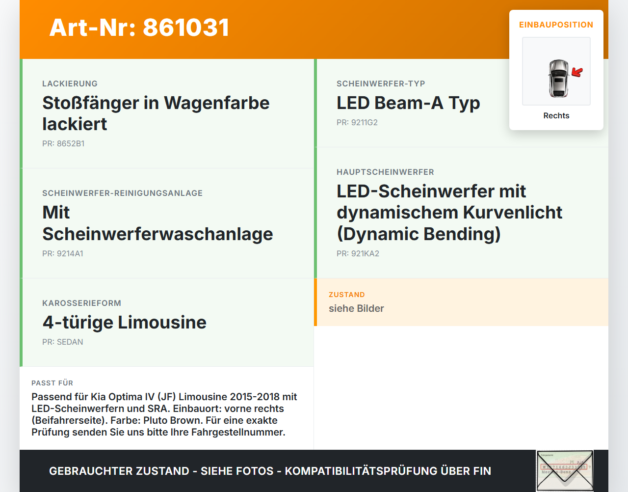 Kia Optima IV JF 15-18 Deckel Klappe Abdeckung für Waschdüse Scheinwerfer SRA Rechts Kia Optima IV JF 15-18... Vorschau 3