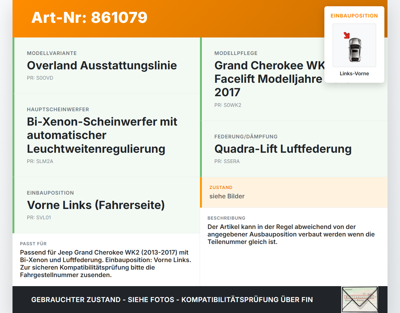 Jeep Grand Cherokee WK2 13-17 Xenon LWR Sensor Neigung Links Vorne Jeep Grand Cherokee WK2 13-17 01.01.2014... Vorschau 3