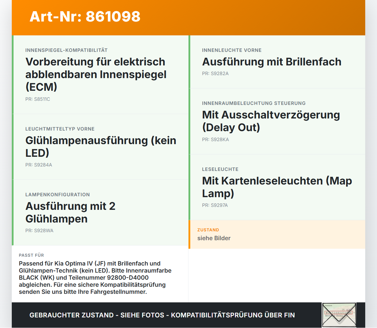 Kia Optima IV JF 15-18 Innenleuchte Innenraumleuchte Kia Optima IV JF 15-18 18.11.2016 92800-D4000 gebraucht Vorschau 3