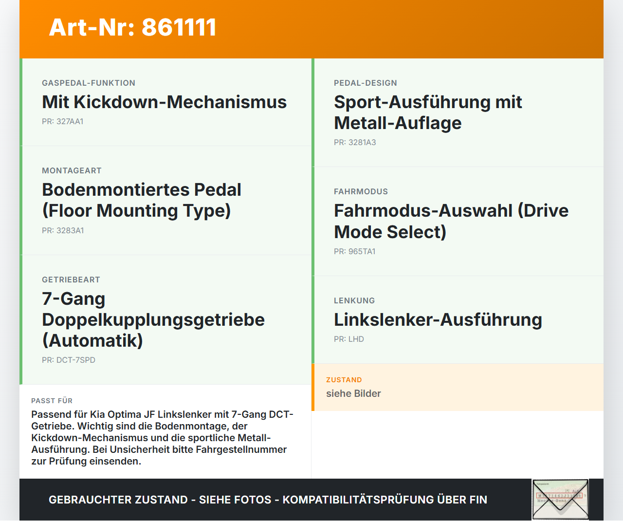 Kia Optima IV JF 15-18 CRDi 1,7 104KW Gaswertgeber Gaspedal Kia Optima IV JF 15-18 18.11.2016 190A2-D4300 gebraucht Vorschau 3