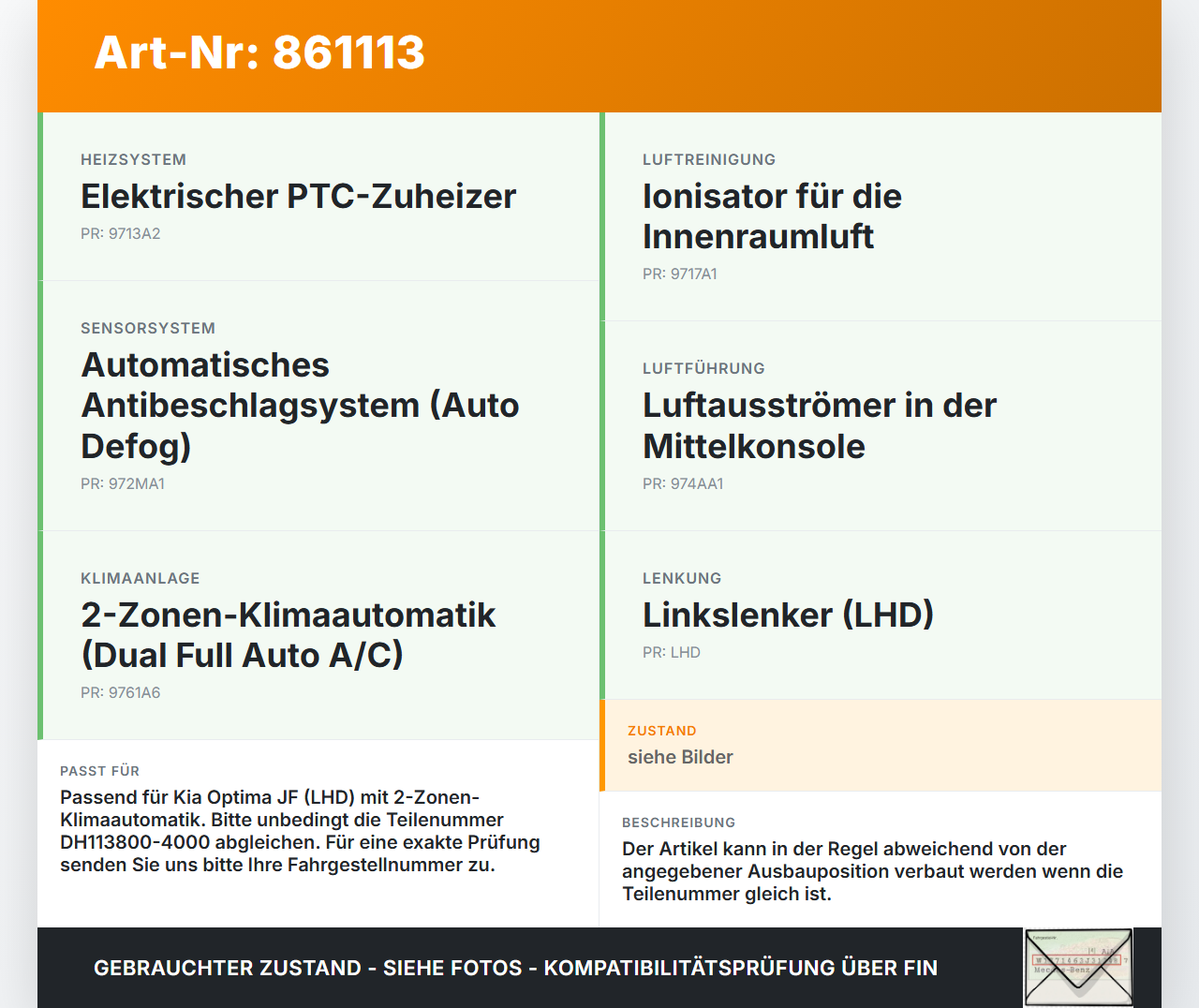 Kia Optima IV JF 15-18 Luftklappenstellmotor Stellmotor Pos.1 Kia Optima IV JF 15-18 18.11.2016 DH113800-4000 gebraucht Vorschau 3