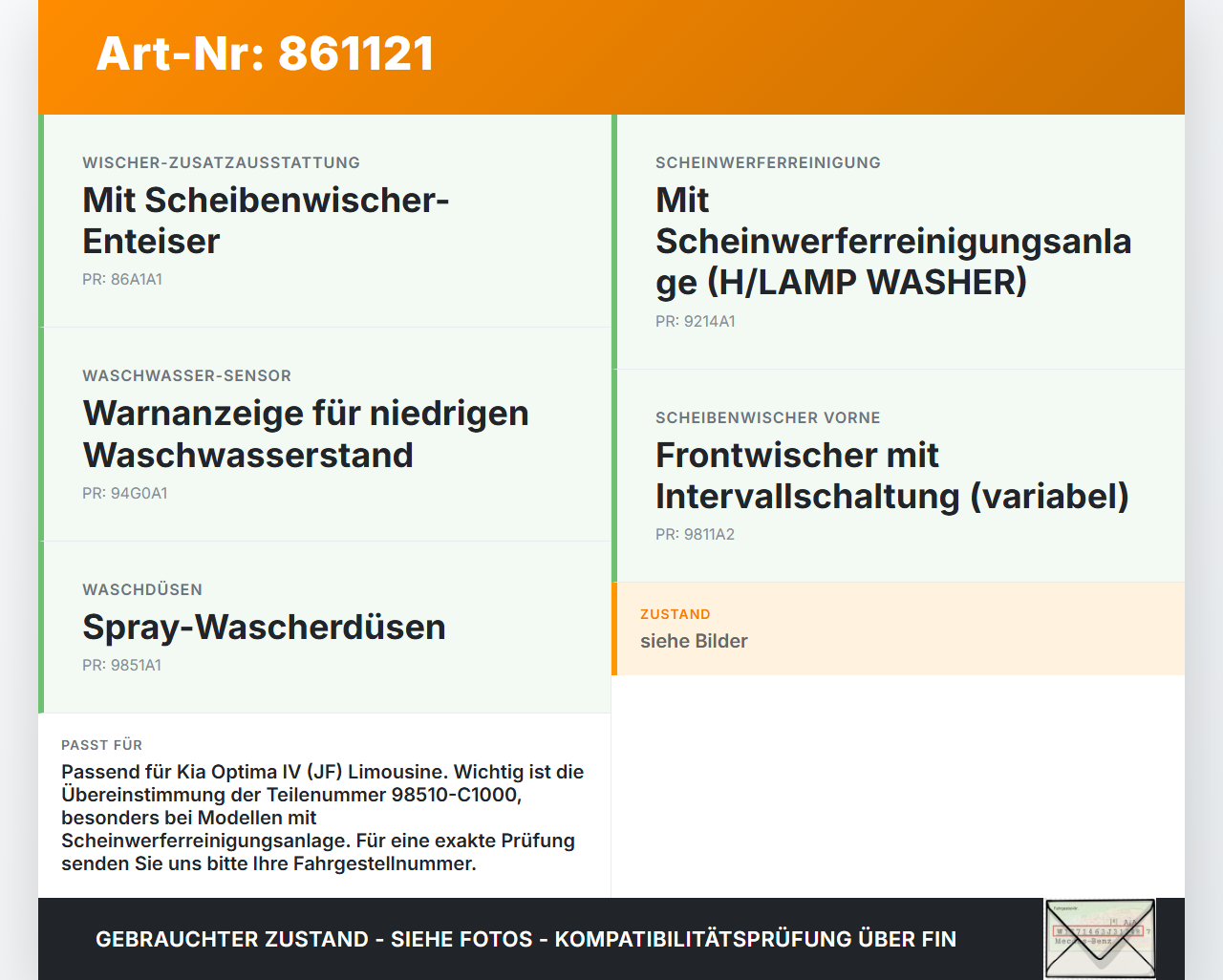 Kia Optima IV JF 15-18 Waschwasserpumpe Waschpumpe Kia Optima IV JF 15-18 18.11.2016 98510C1000 AW060210-6160... Vorschau 3