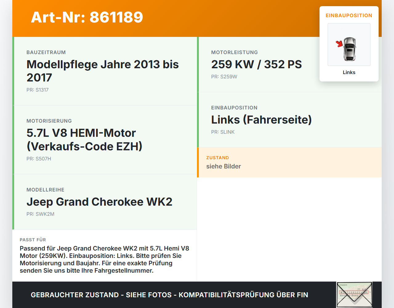 Jeep Grand Cherokee WK2 13-17 Hemi 5,7 259KW Katalysator Kat Links Jeep Grand Cherokee WK2 13-17 01.01.2014 gebraucht Vorschau 3