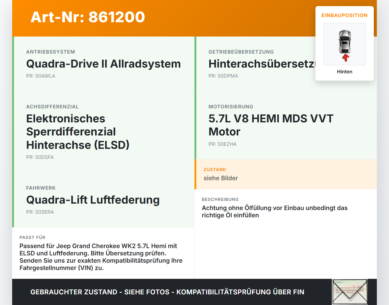 Jeep Grand Cherokee WK2 13-17 Hemi 5,7 259KW Differential Hinterachsgetriebe Hinten Jeep Grand Cherokee WK2 13-17... Vorschau 3