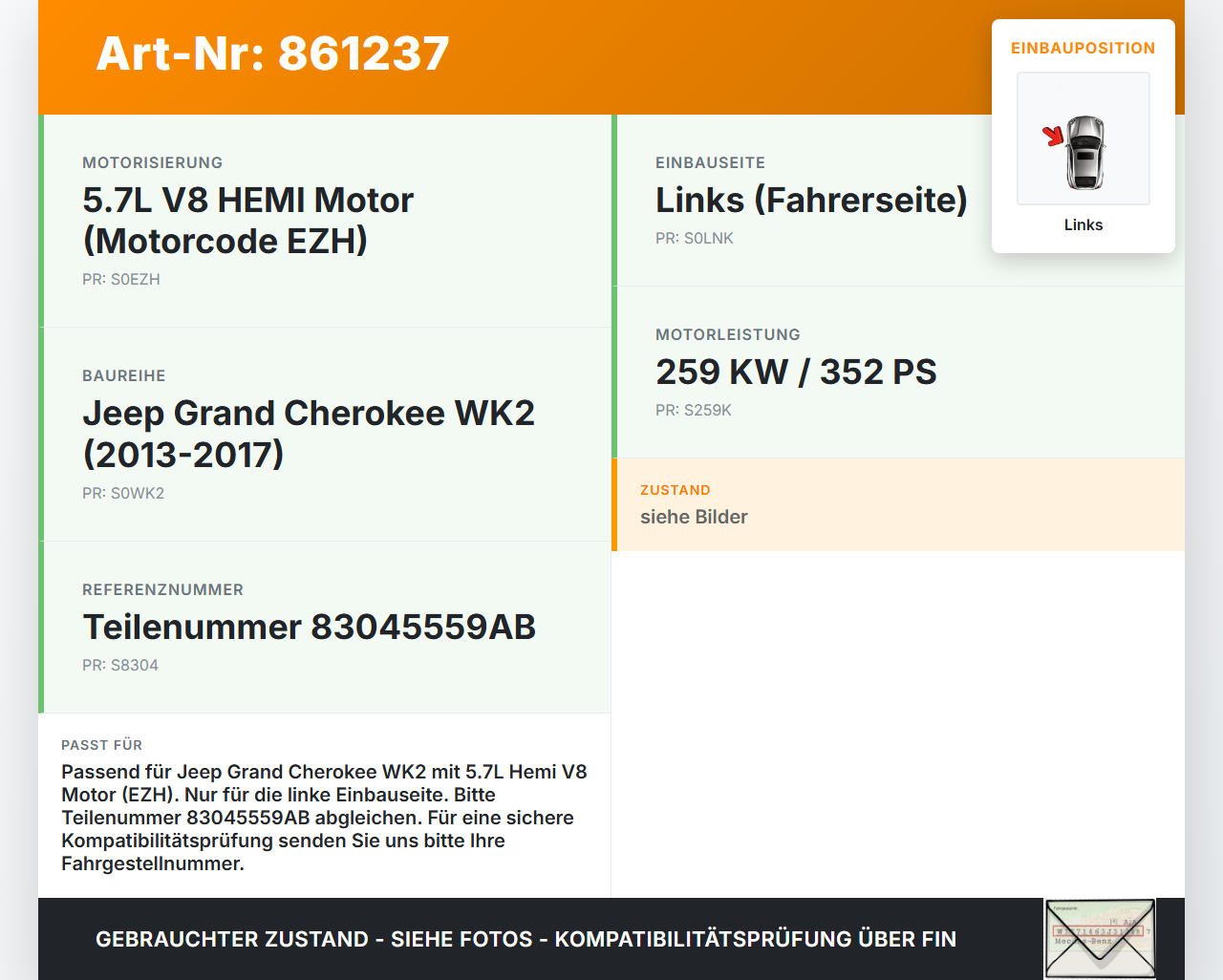 Jeep Grand Cherokee WK2 13-17 Hemi 5,7 259KW EZH Abgaskrümmer Links Jeep Grand Cherokee WK2 13-17 01.01.2014... Vorschau 3
