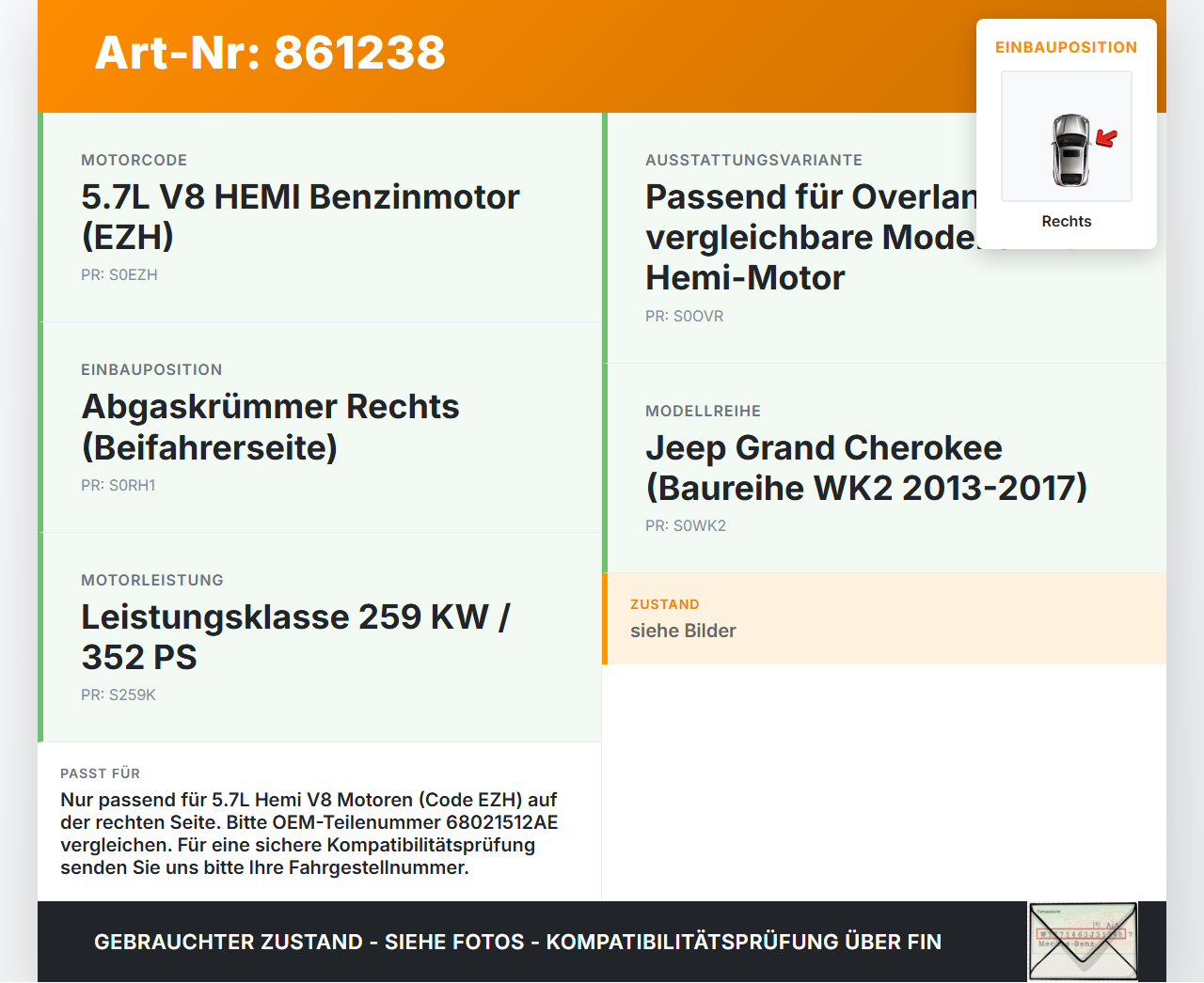 Jeep Grand Cherokee WK2 13-17 Hemi 5,7 259KW EZH Abgaskrümmer Rechts Jeep Grand Cherokee WK2 13-17 01.01.2014... Vorschau 3